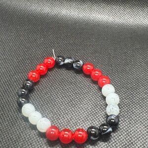 Elegant Red, Black, and White Beaded Bracelet